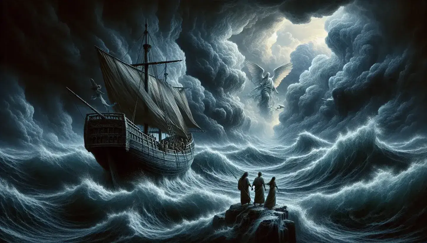 Nave antica in legno in mare tempestoso con coppia che guarda l'orizzonte e cavallo alato nel cielo nuvoloso.