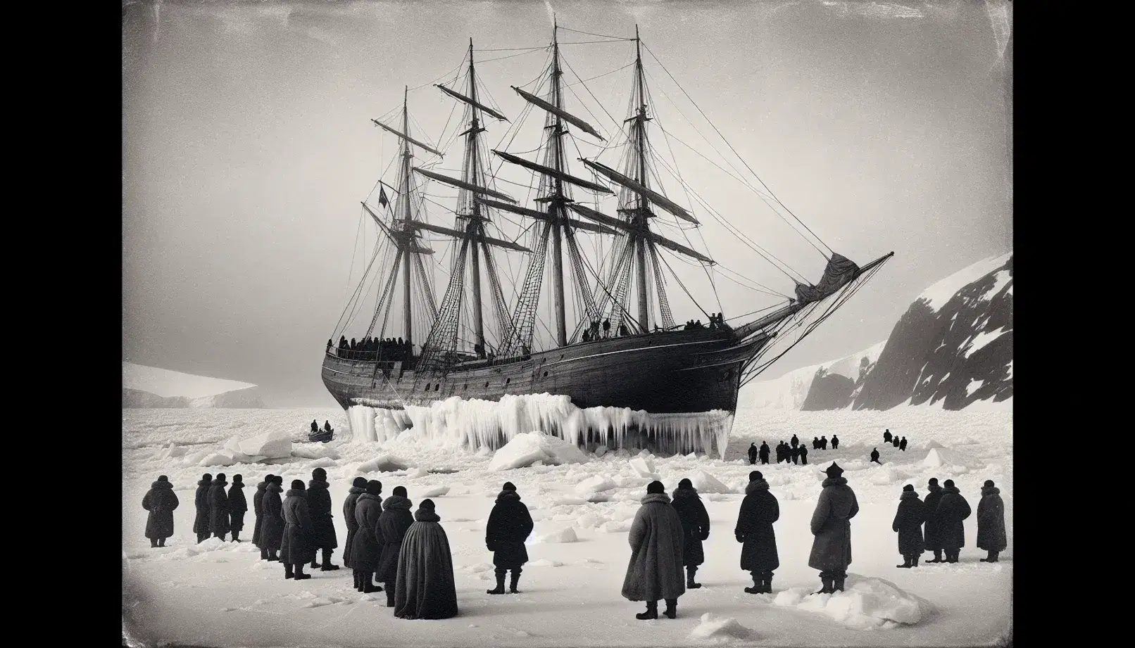 Wooden sailing ship trapped in Antarctic ice with men in heavy suits exploring the frigid, inhospitable landscape.