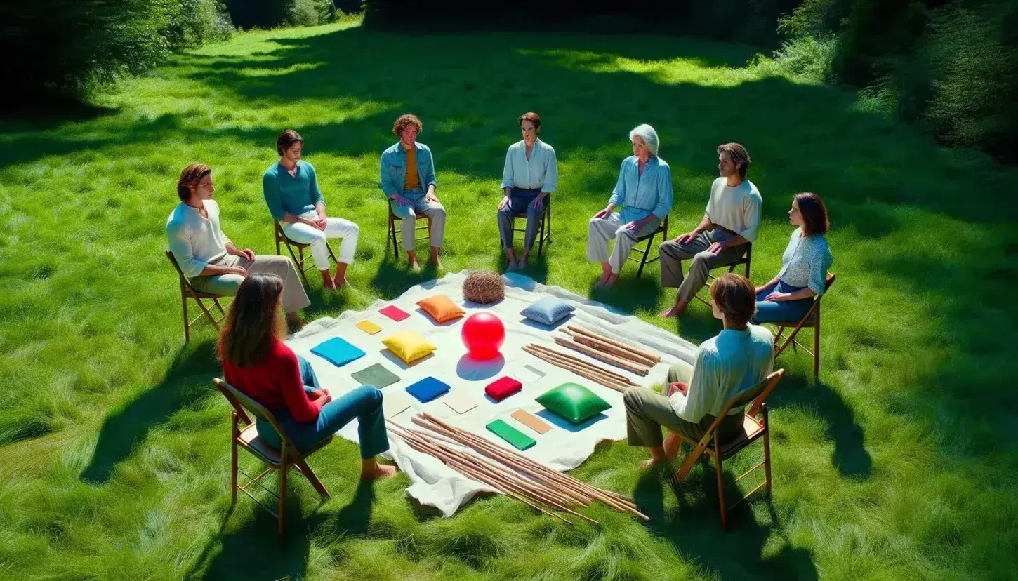 Grupo diverso de cinco personas participando en actividad al aire libre, sentados en círculo sobre la hierba con objetos como pelota roja y papeles de colores, en un día soleado.