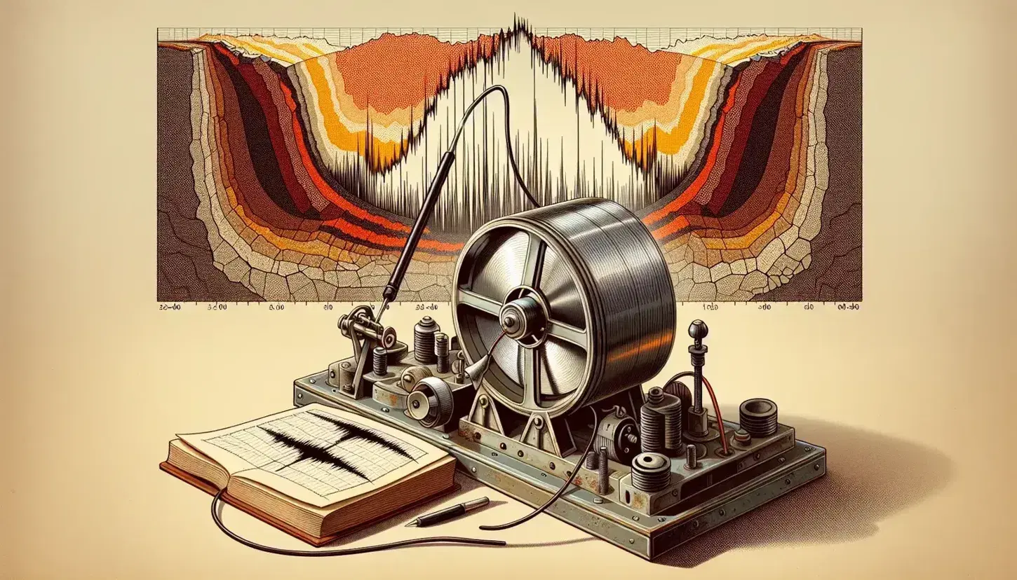 Seismograph recording seismic waves with a rotating drum and tracing arm, against a backdrop illustrating Earth's crust, mantle, and core layers.