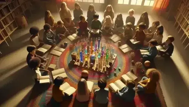 Niños diversos sentados en círculo en alfombra colorida, explorando libros sin título, prismas de vidrio, esferas de madera y tubos de ensayo con líquidos de colores.