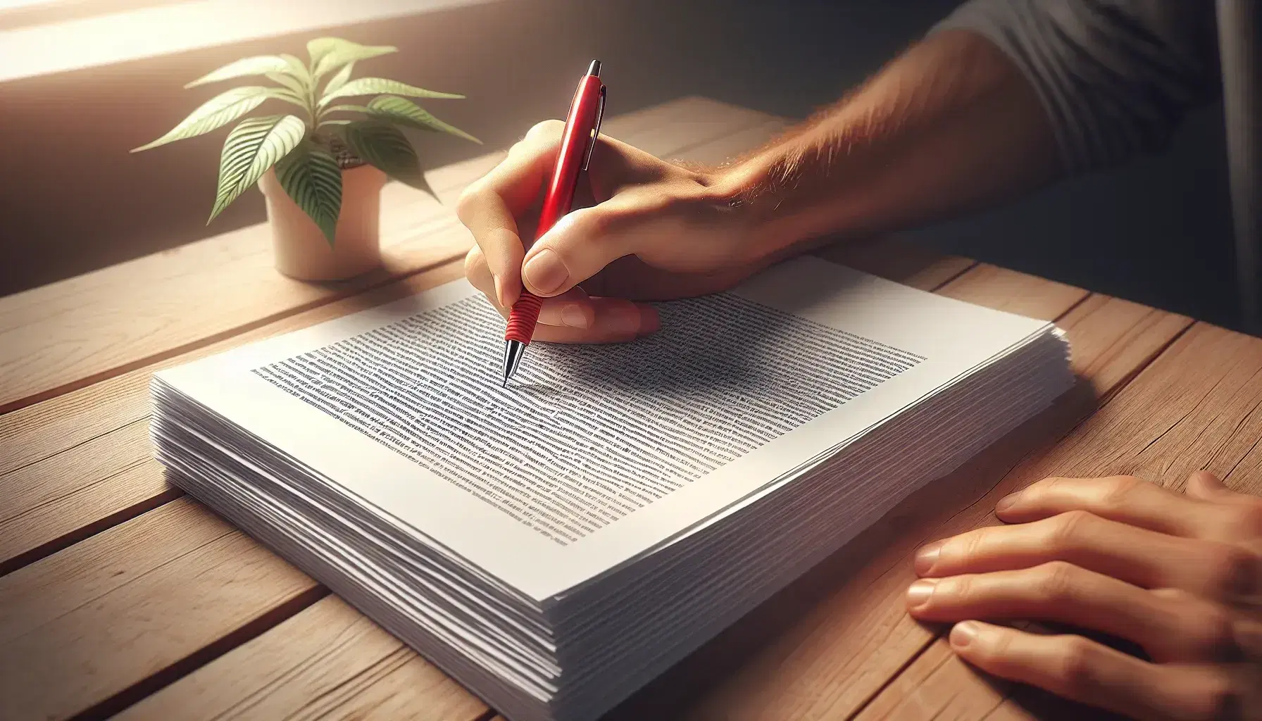 Close-up of hands holding a red pen over a stack of text-filled papers on a wooden desk, with a small potted plant to the side.