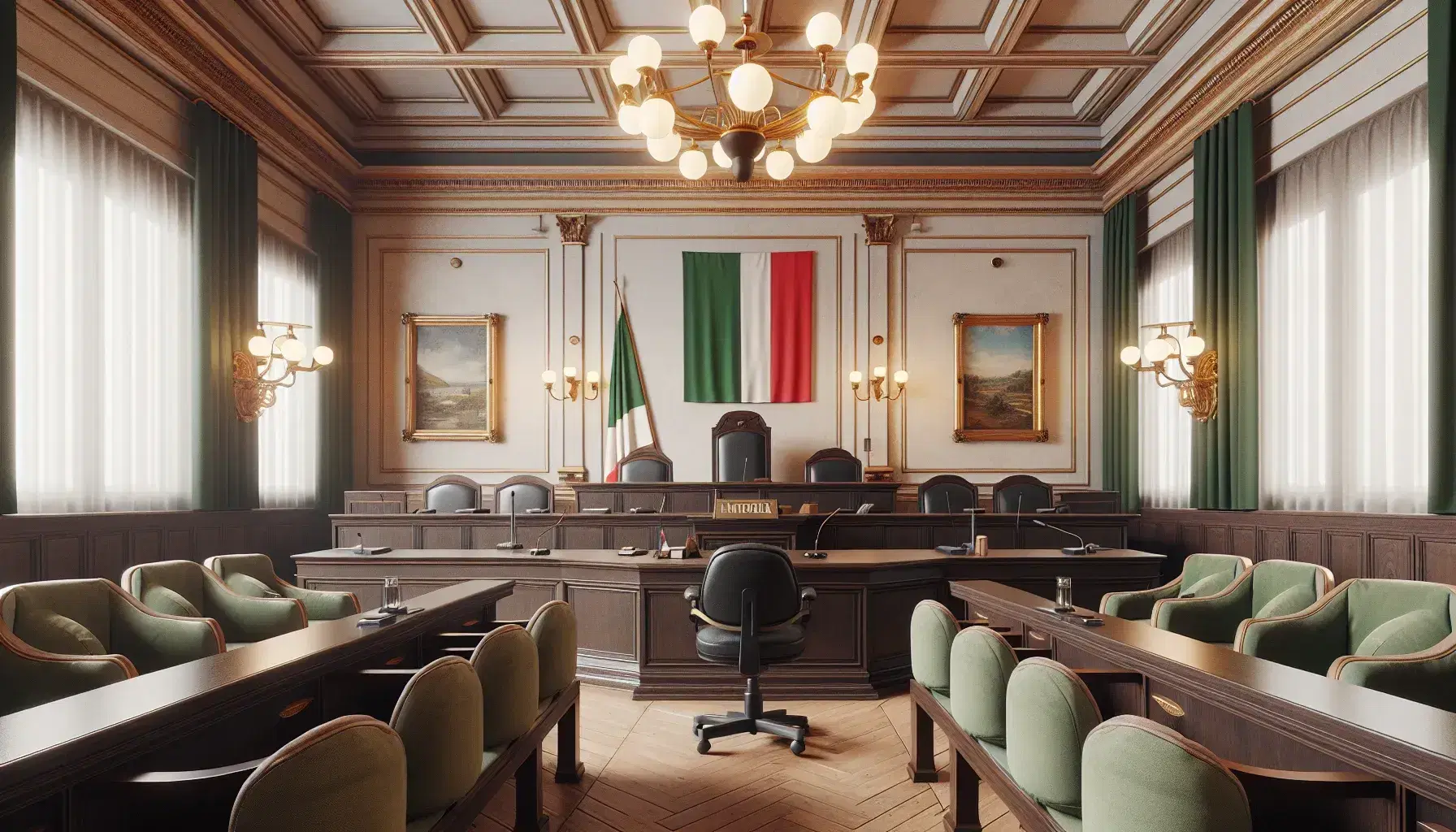 Aula di tribunale italiana vuota con tavolo del giudice, bandiera tricolore, banchi per avvocati e panche per il pubblico.