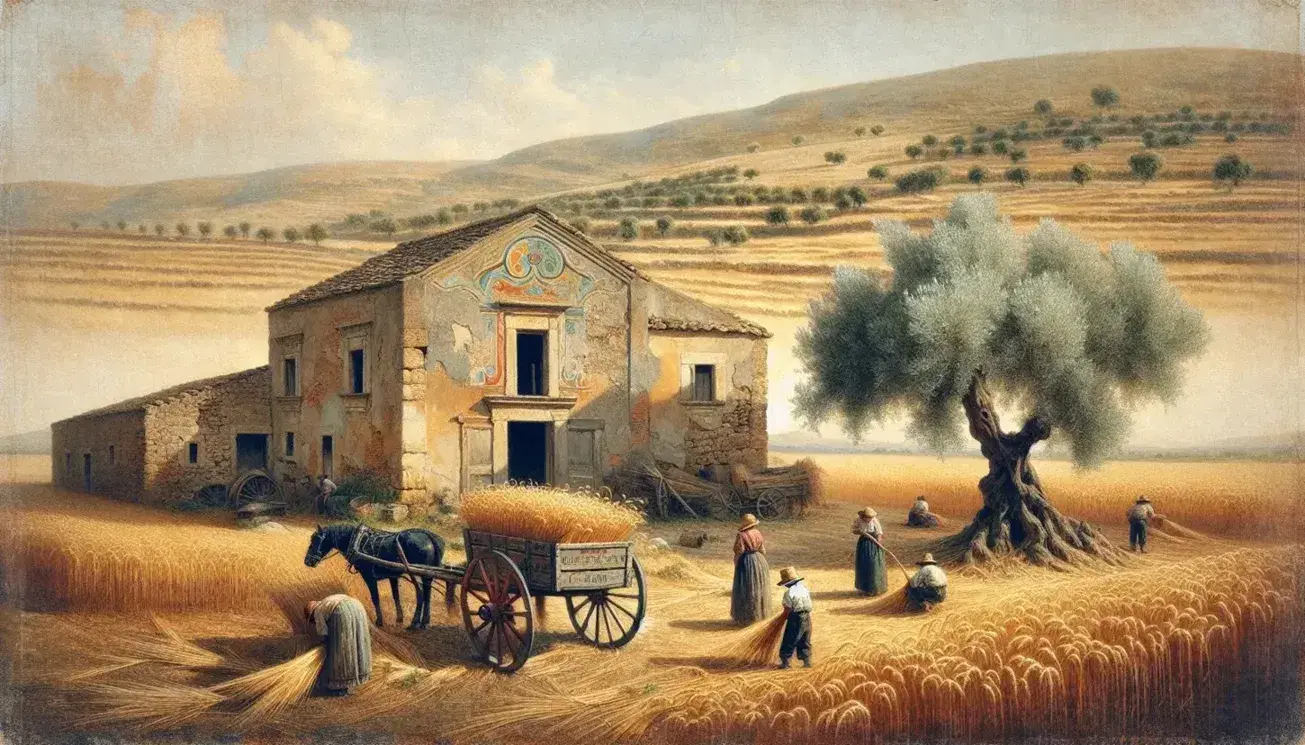 Casa rurale siciliana in pietra con intonaco ocra, carretto siciliano e ulivo, contadini che lavorano in campo di grano sotto cielo azzurro.