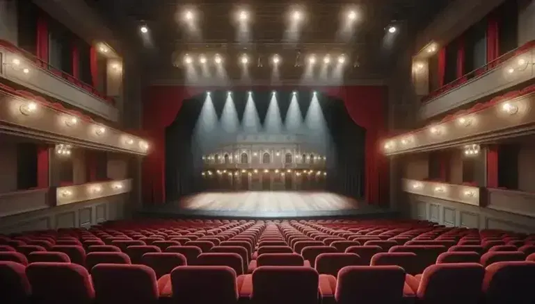 Escenario de teatro vacío con asientos de terciopelo rojo, cortinas a juego y un decorado que simula una fachada clásica, iluminado por luces de techo.