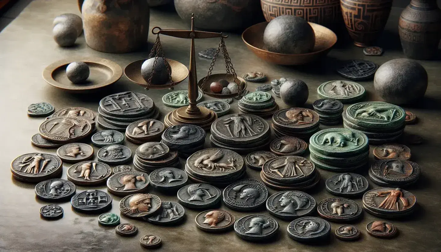 Monete antiche greche con figure mitologiche e animali su superficie pietra, bilancia in bronzo con peso, sfondo anfore terracotta.