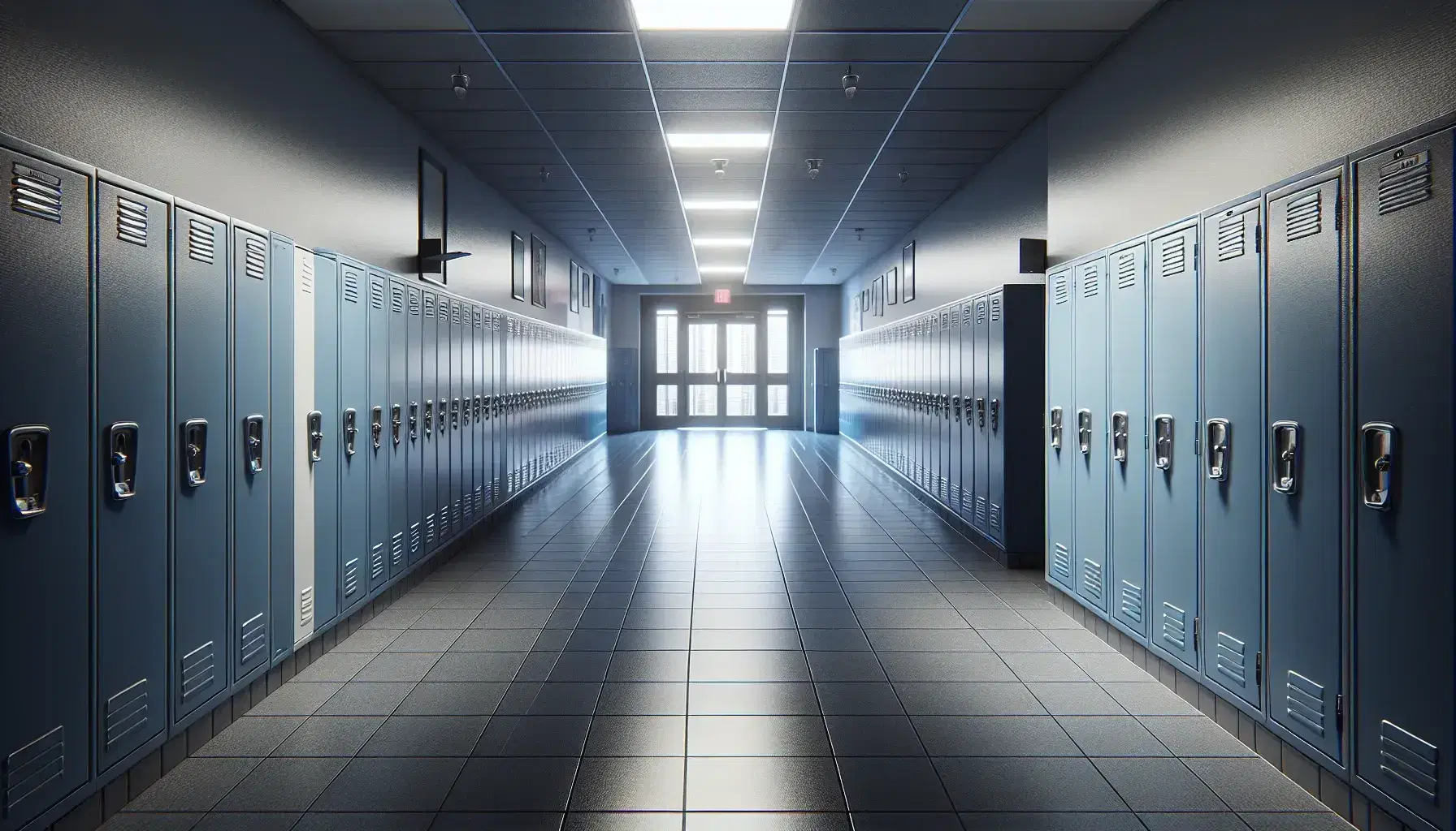Corridoio scolastico vuoto con armadietti blu chiusi, pavimento piastrellato grigio chiaro, pareti bianche e porta aperta in fondo che lascia entrare luce naturale.