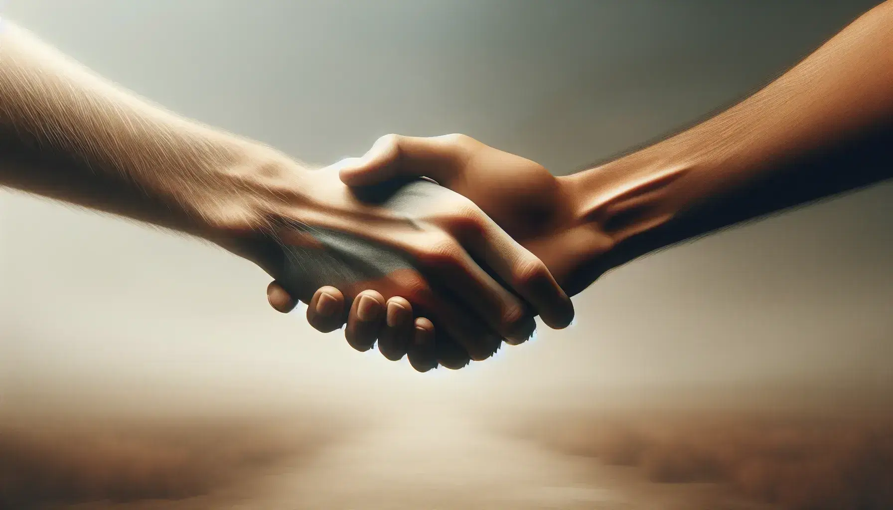 Apretón de manos entre dos personas de distinta tonalidad de piel, simbolizando amistad y acuerdo, con un fondo neutro y suave iluminación.