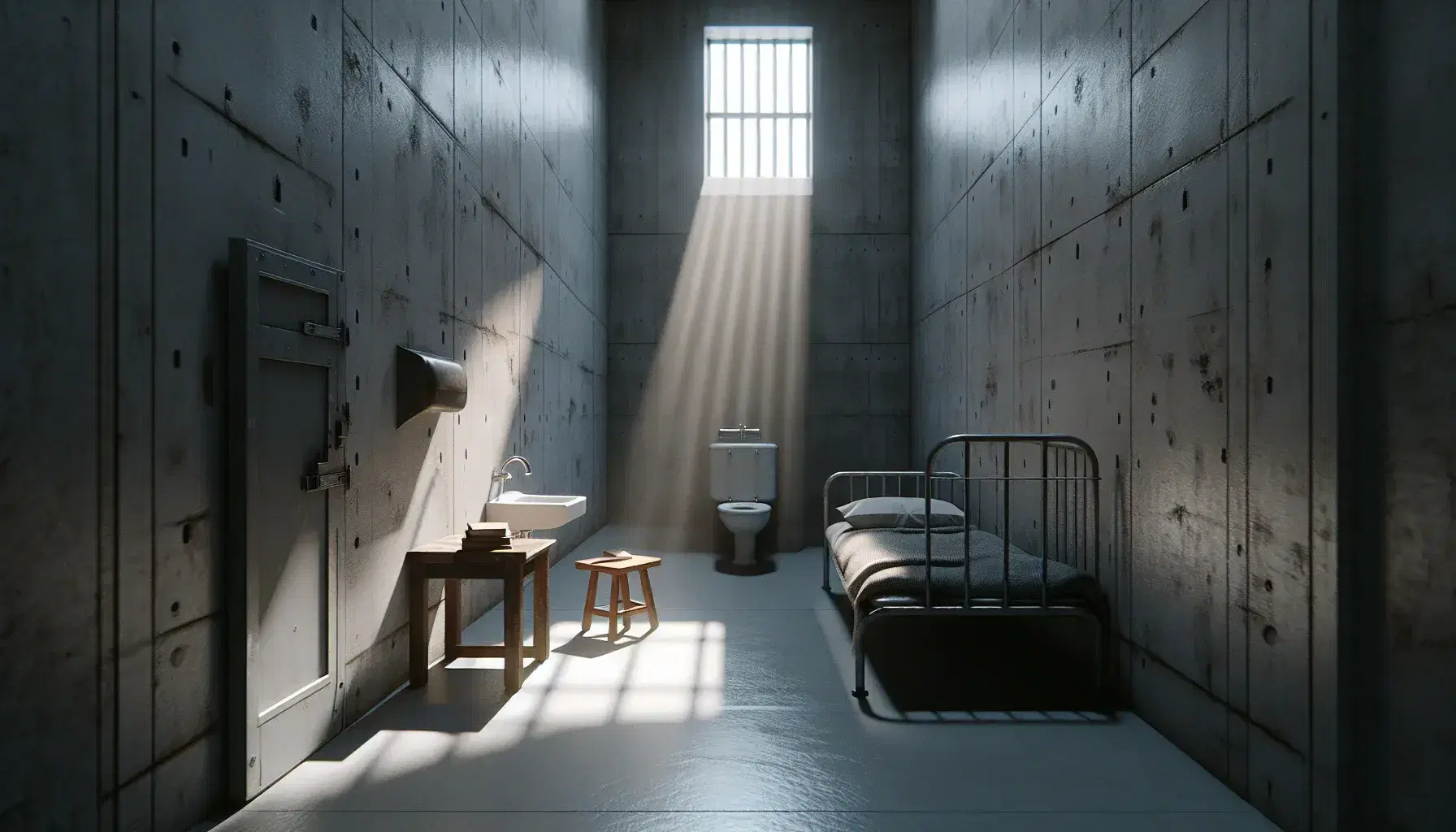 Cella carceraria minimalista con pareti grigie, letto metallico, sgabello in legno con libro aperto, lavandino e toilette bianchi, finestra stretta che filtra luce naturale.