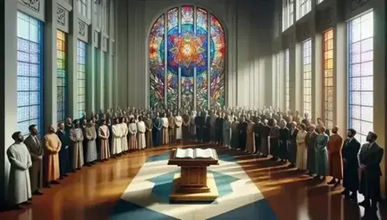 Multi-ethnic group in a circle in front of an altar with an open book, under a large stained glass window, in a room with neutral walls and a dark wooden floor.