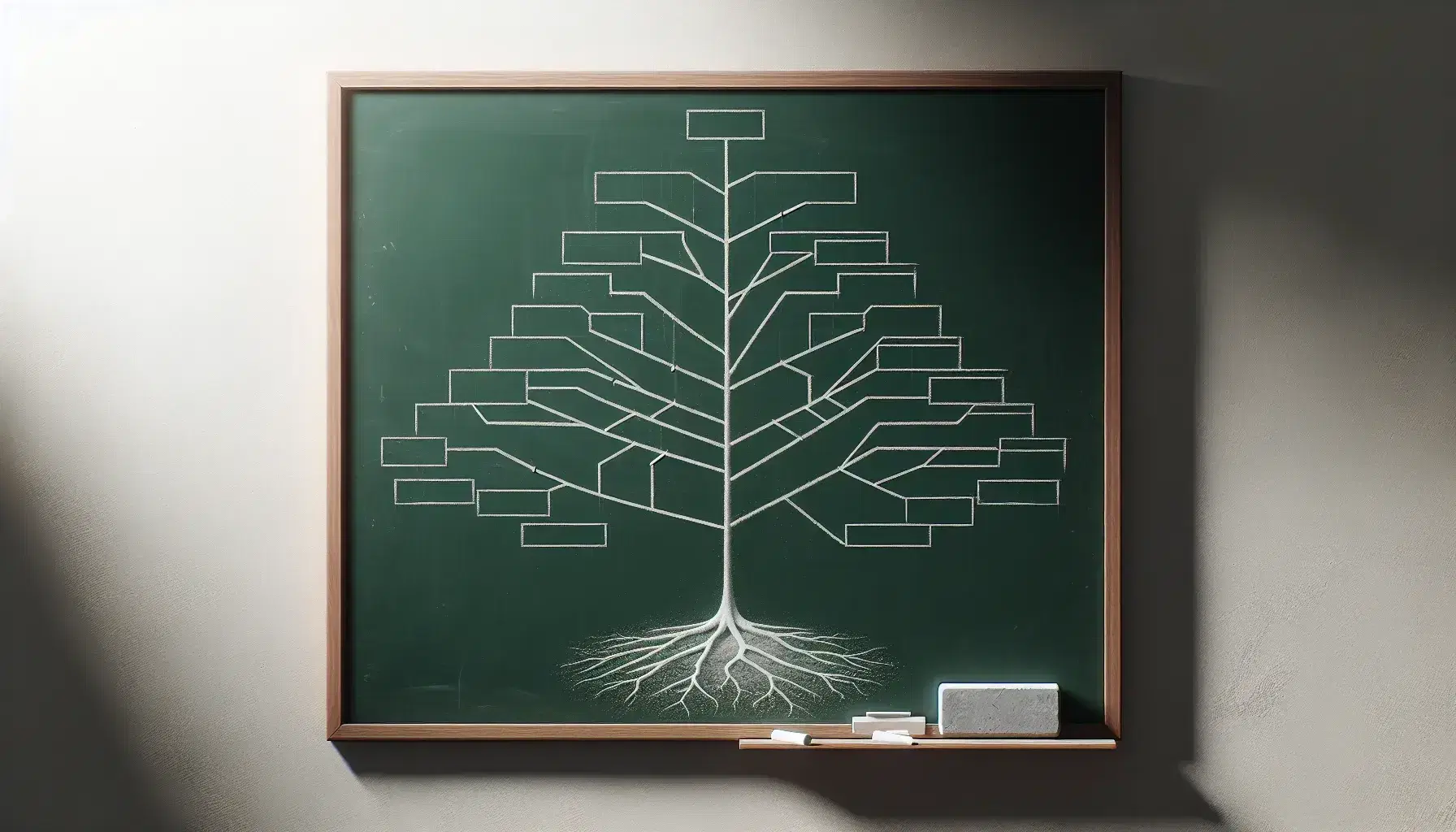 Pizarra verde oscuro con estructura de árbol sintáctico en tiza blanca y borrador gris apoyado en el borde inferior.