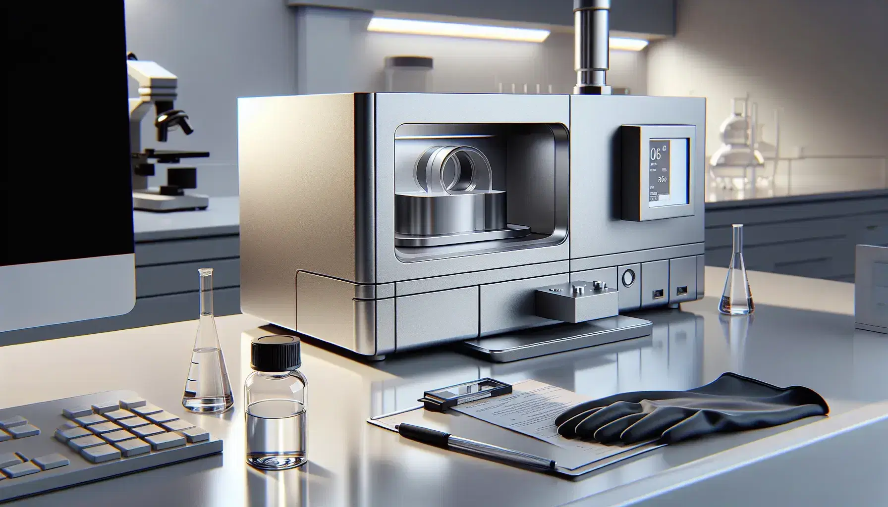Infrared spectrometer on modern laboratory bench with liquid sample vial, black safety gloves and chemical hood on background.