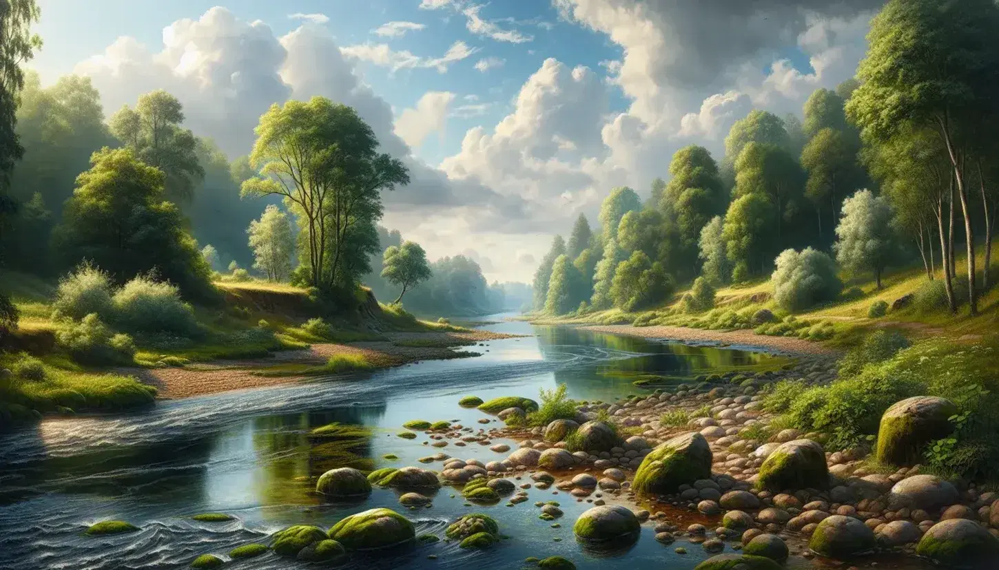 Río serpenteante fluyendo entre un paisaje verde con orillas pedregosas, reflejando el cielo azul y nubes blancas, rodeado de árboles frondosos y colinas al fondo.