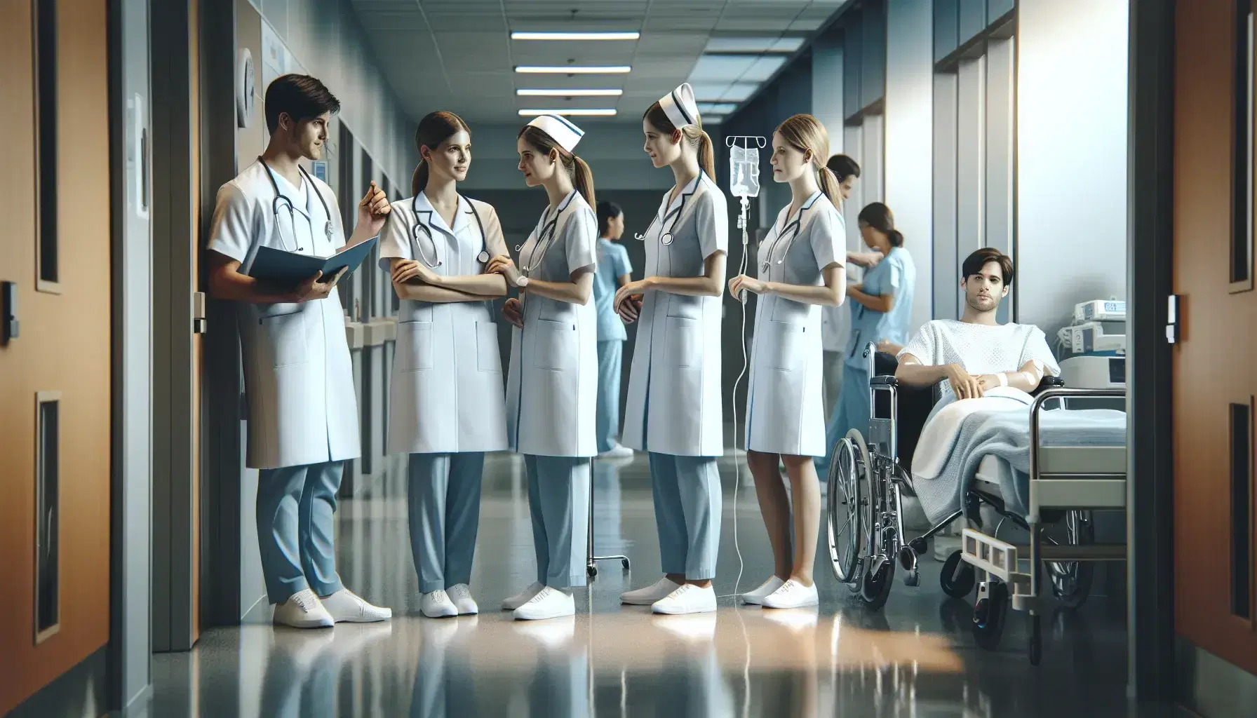 Profesionales de enfermería trabajando en un hospital, con uno ajustando un suero a un paciente en silla de ruedas y otros conversando.