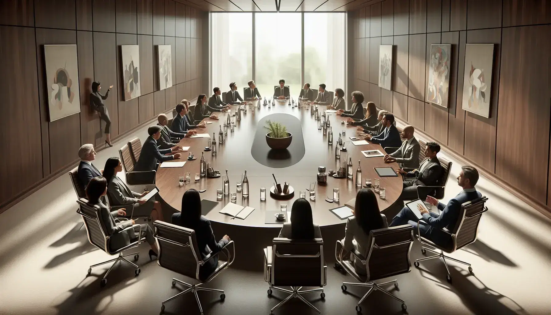 Diverse professionals engaged in a meeting around an oval conference table with laptops and digital tablets, in a modern, well-lit room with abstract art.