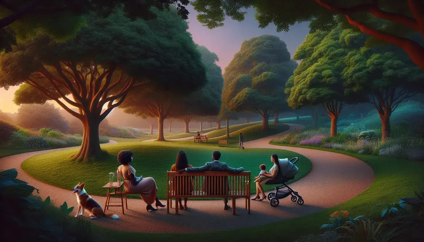 Twilight park scene with diverse friends on a bench, a stroller with a child, a person walking a dog, and a pastel sunset sky over low-rise buildings.