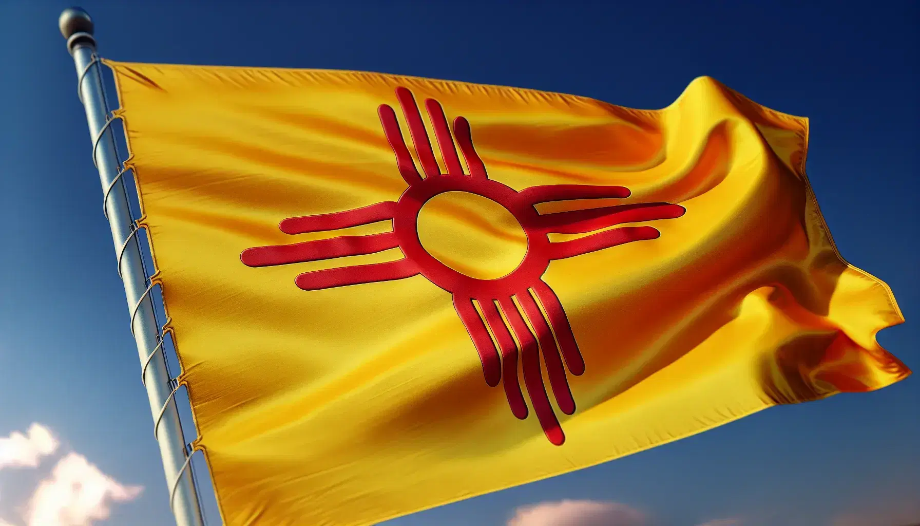 New Mexico state flag with yellow background and red Zia symbol in center, displayed against a clear blue sky.