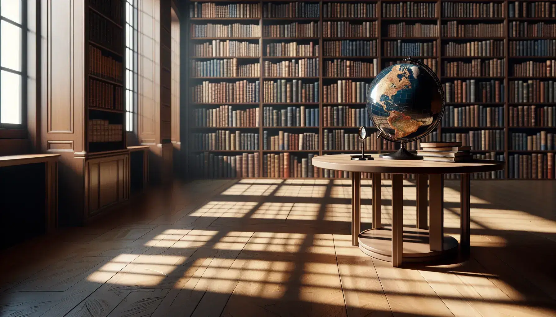 Biblioteca iluminada con estantes de madera llenos de libros, mesa con globo terráqueo y lupa, luz natural entrando por ventana grande.