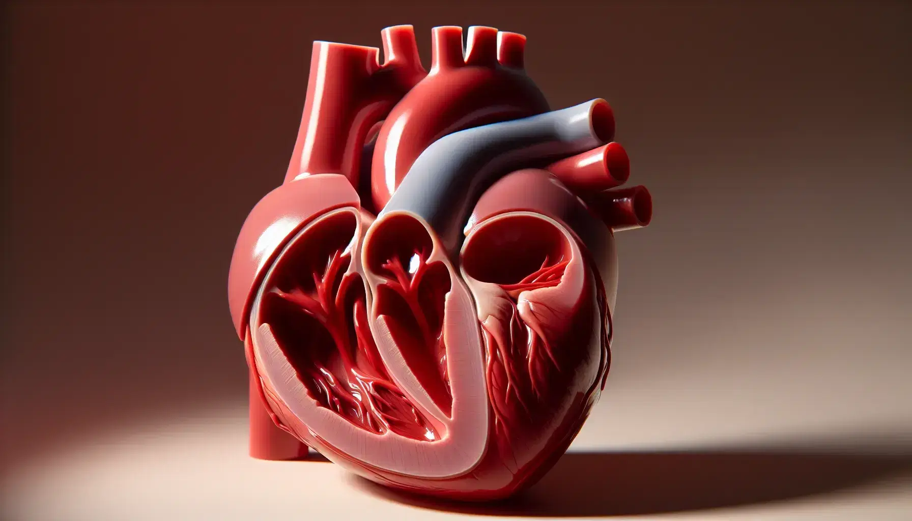 Modelo anatómico detallado del corazón humano seccionado mostrando cámaras internas, ventrículos y válvulas en fondo neutro.