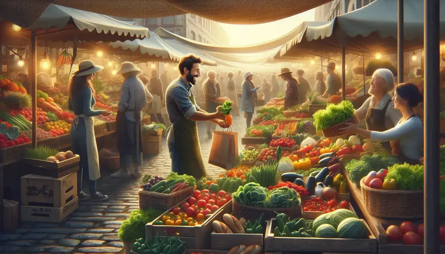 Bustling farmers' market with a vendor handing fresh vegetables to a customer, surrounded by stalls of colorful produce under a morning sun.