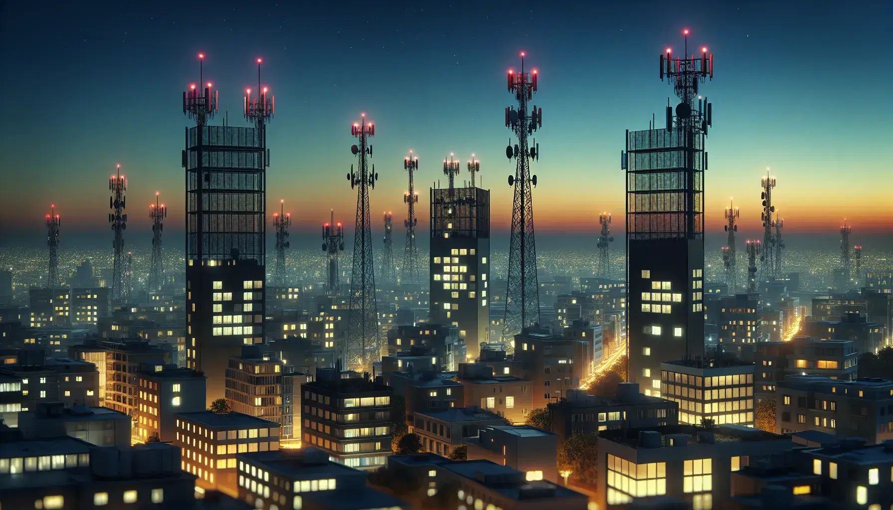 Modern cityscape at dusk with cell towers and illuminated buildings, starry sky and red signal lights on antennas.
