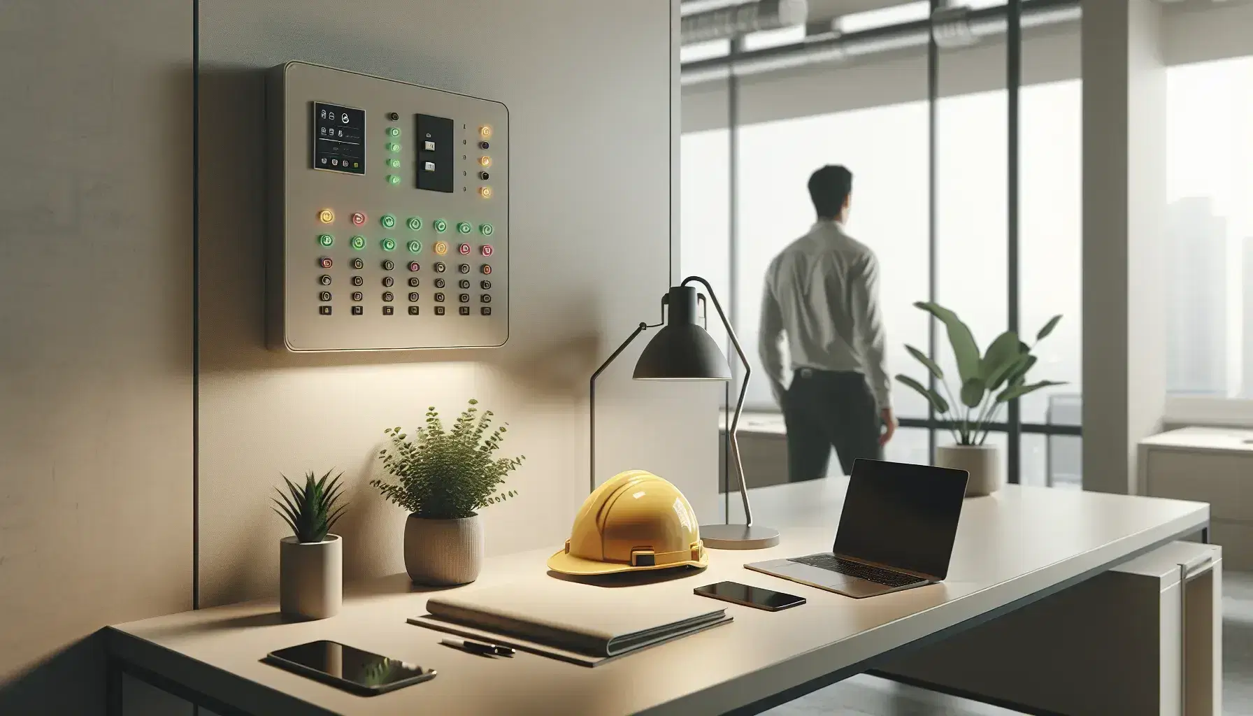 Oficina moderna con escritorio que tiene laptop, smartphone y planta, casco de seguridad amarillo y persona ajustando panel de control.