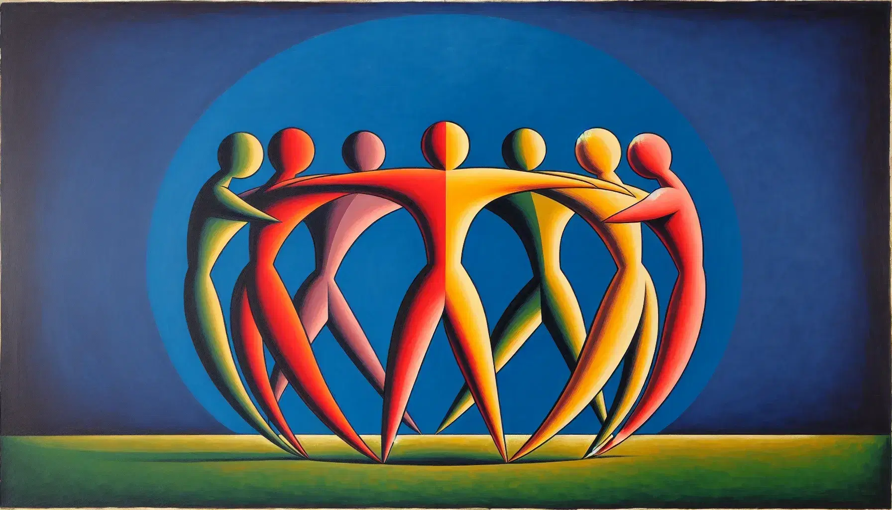 Cinque figure stilizzate si tengono per mano in cerchio su sfondo diviso tra cielo blu e prato verde, evocando danza e unità.