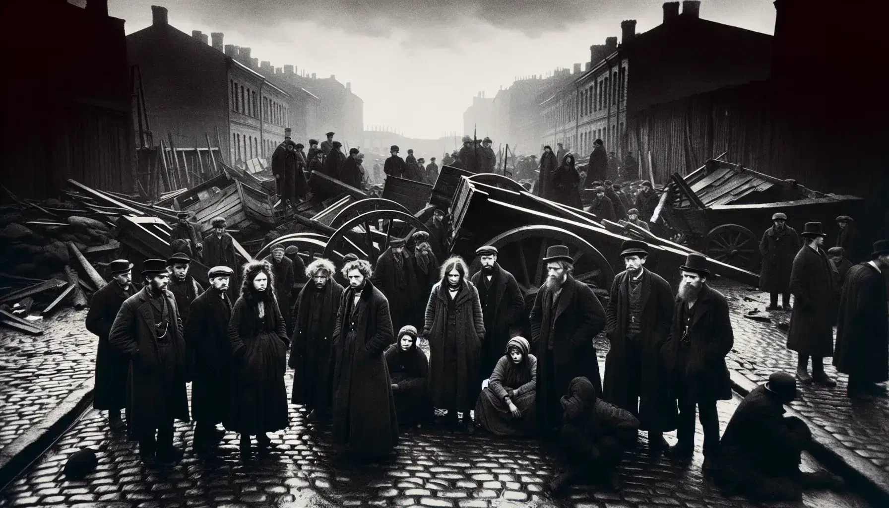Early 20th-century black and white photo showing a group of solemn protesters with raised fists on a cobblestone street, barricades in the background.