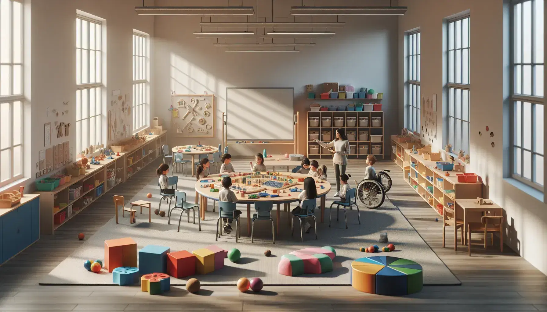 Aula inclusiva y luminosa con estudiantes diversos alrededor de una mesa redonda con bloques de construcción y materiales sensoriales, maestro indicando y pizarra al fondo.