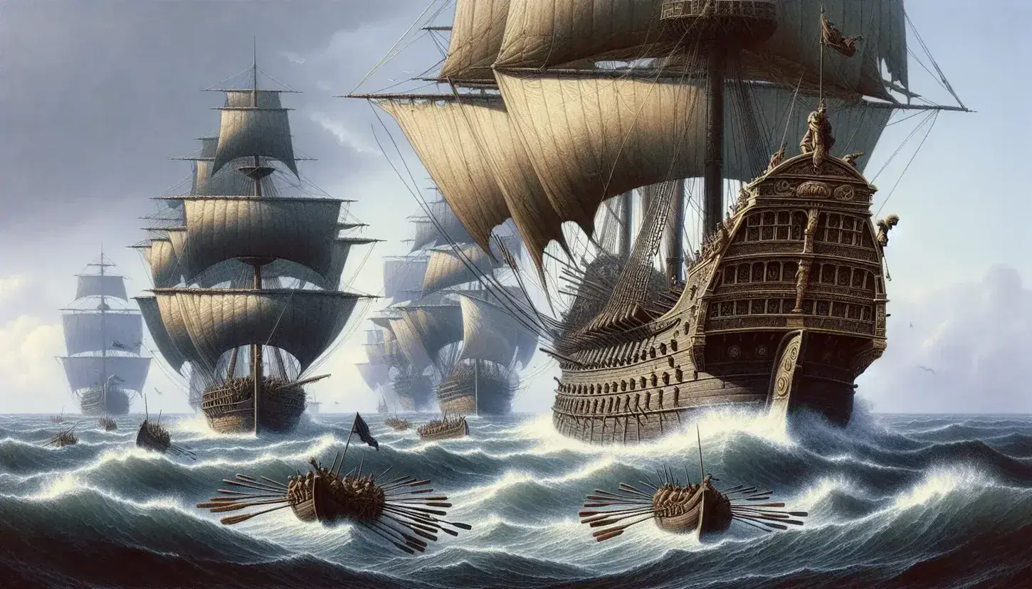 Battaglia navale tra antiche navi romane e cartaginesi, con remi in azione, vele tese e soldati in armatura.