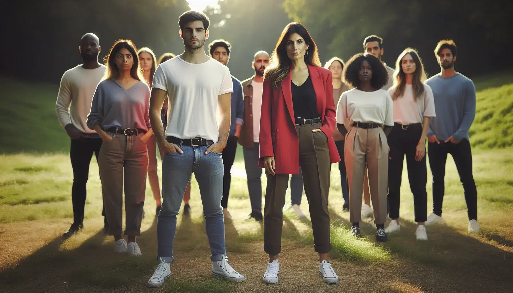 Diverse group of people outdoors, Caucasian man in white t-shirt, Hispanic woman in red blazer and middle eastern individual in blue sweater.