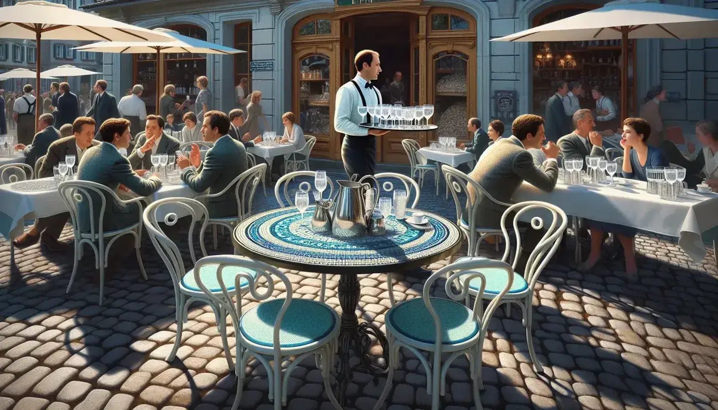 Bustling Swiss café scene with patrons chatting, a waiter serving, a mosaic-topped table with glassware, and colorful buildings under a clear blue sky.