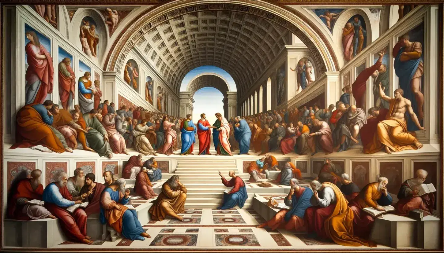 Affresco rinascimentale con figure umane in dialogo filosofico, architettura classica con volte e colonne, tonalità calde e gioco di luci.