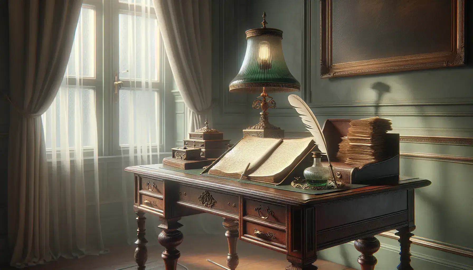 Vintage writing desk with ornate legs, brass lamp with green shade, feather quill, inkwell, and leather-bound book in a room with green walls and soft lighting.