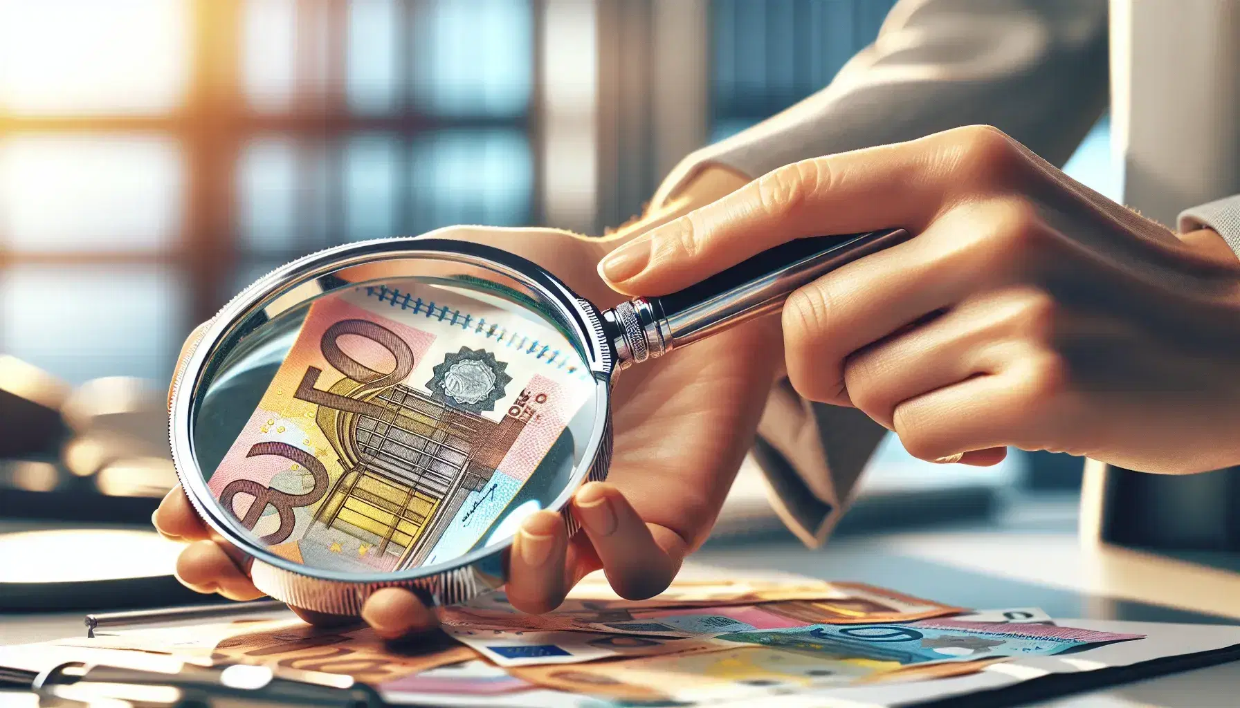 Close-up view of hands examining Euro banknotes with a magnifying glass, highlighting the detailed security features.