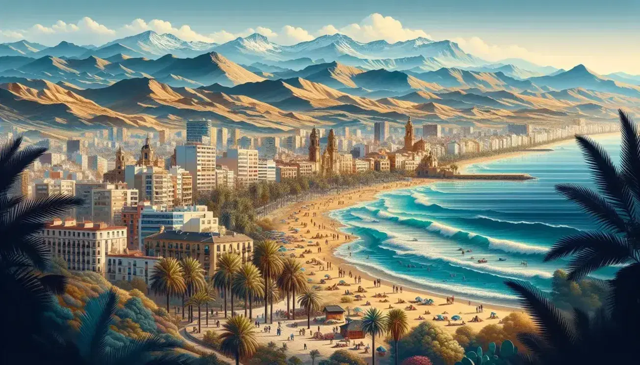 Panorama spagnolo con spiaggia sabbiosa, palme, colline terrazzate con ulivi e vigneti, città con architettura tipica e montagne innevate.