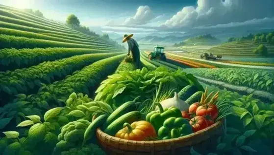 Lush terraced farm with a farmer tending crops, a basket of fresh vegetables nearby, a tractor in the distance, and mountain silhouettes under a clear sky.