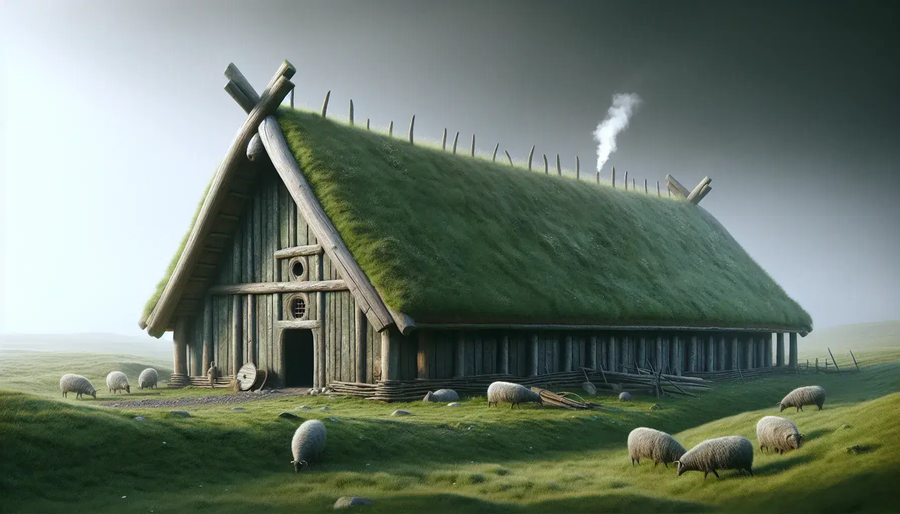 Reconstructed Viking longhouse with turf roof, wooden walls, and smoke rising from the top, surrounded by grazing sheep and people in period attire.