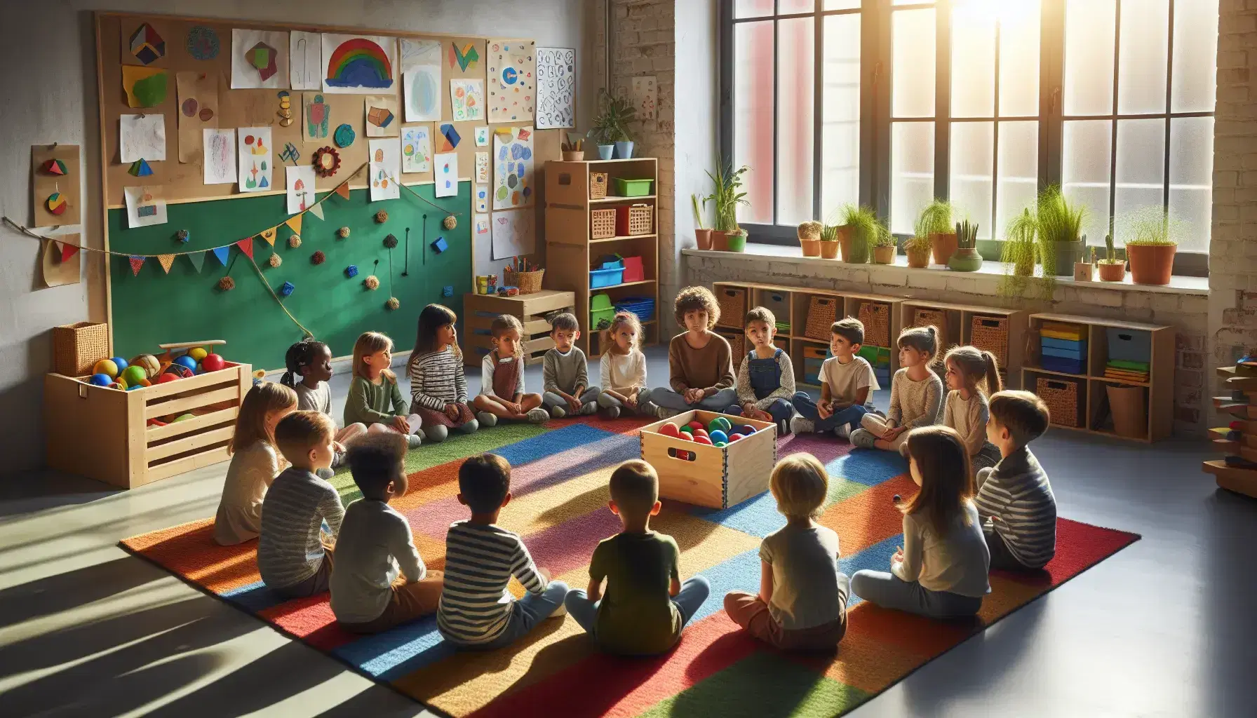 Niños de diversas etnias atentos a una actividad en aula con luz natural, sentados en alfombra colorida con juguetes educativos y decoración infantil.
