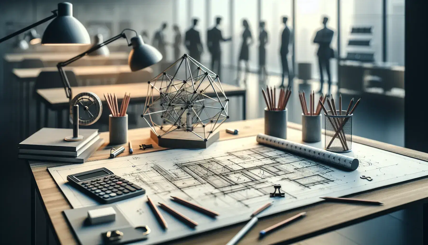 Espacio de trabajo amplio y ordenado con planos preliminares, lápices dirigidos al centro, modelo 3D, regla metálica, compás y calculadora científica, fondo con personas discutiendo.