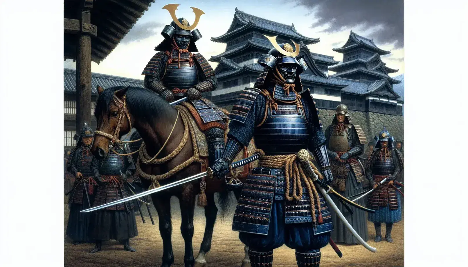 Samurai in indigo-black armor with golden crescent helmet beside horse-mounted warrior near a Japanese castle with cherry blossoms.