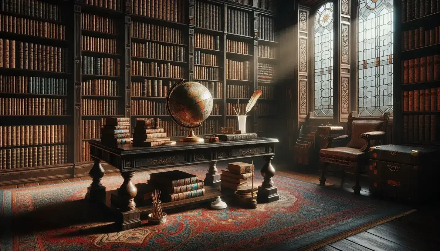 Biblioteca antigua con estanterías de madera oscura llenas de libros, mesa central con globo terráqueo sepia, lupa y tintero con pluma, iluminada por luz natural.