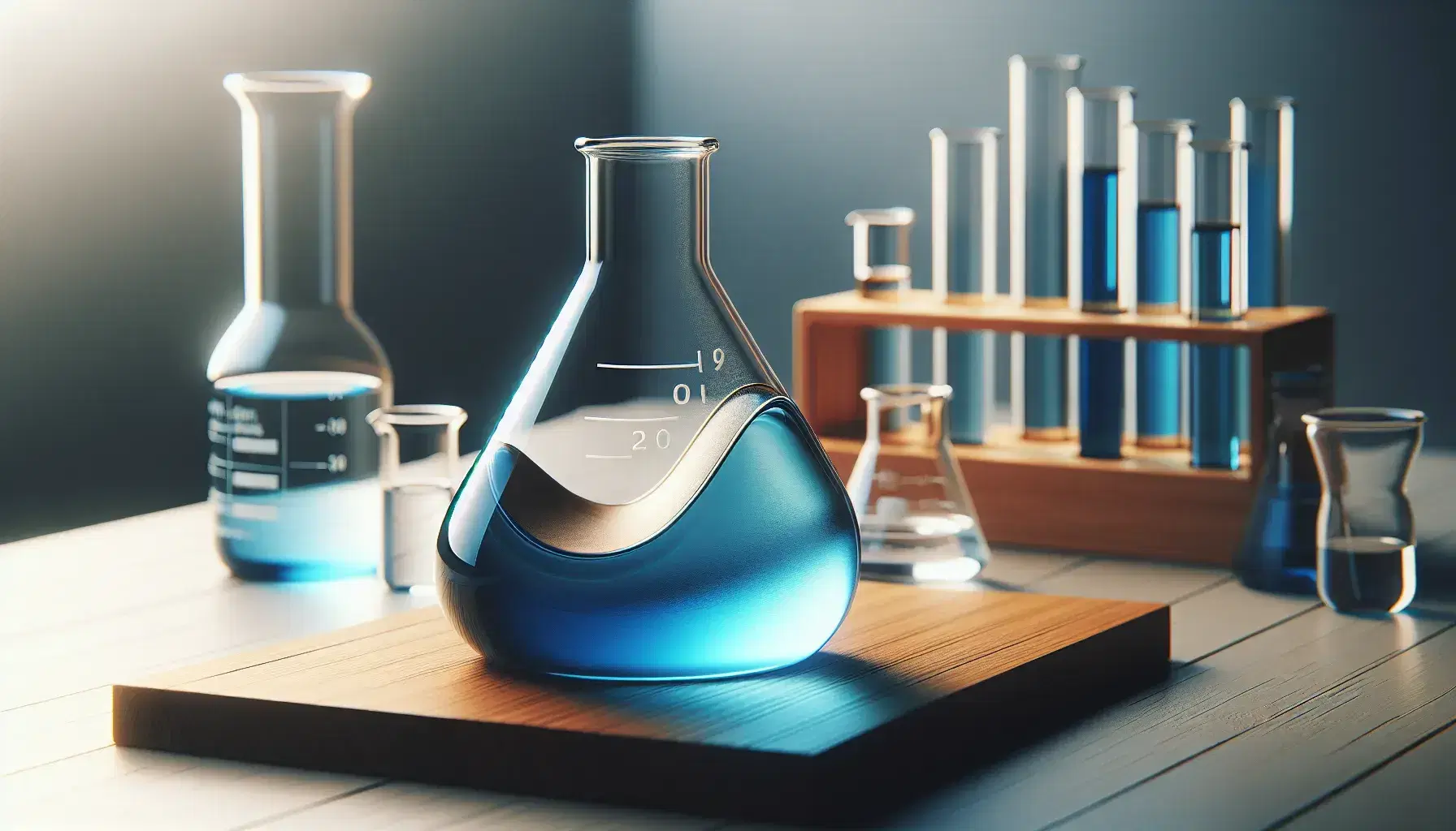 Glass flask in the shape of a Gauss curve with blue gradient liquid on wooden surface, illuminated on the left, with blurred glassware in the gray background.