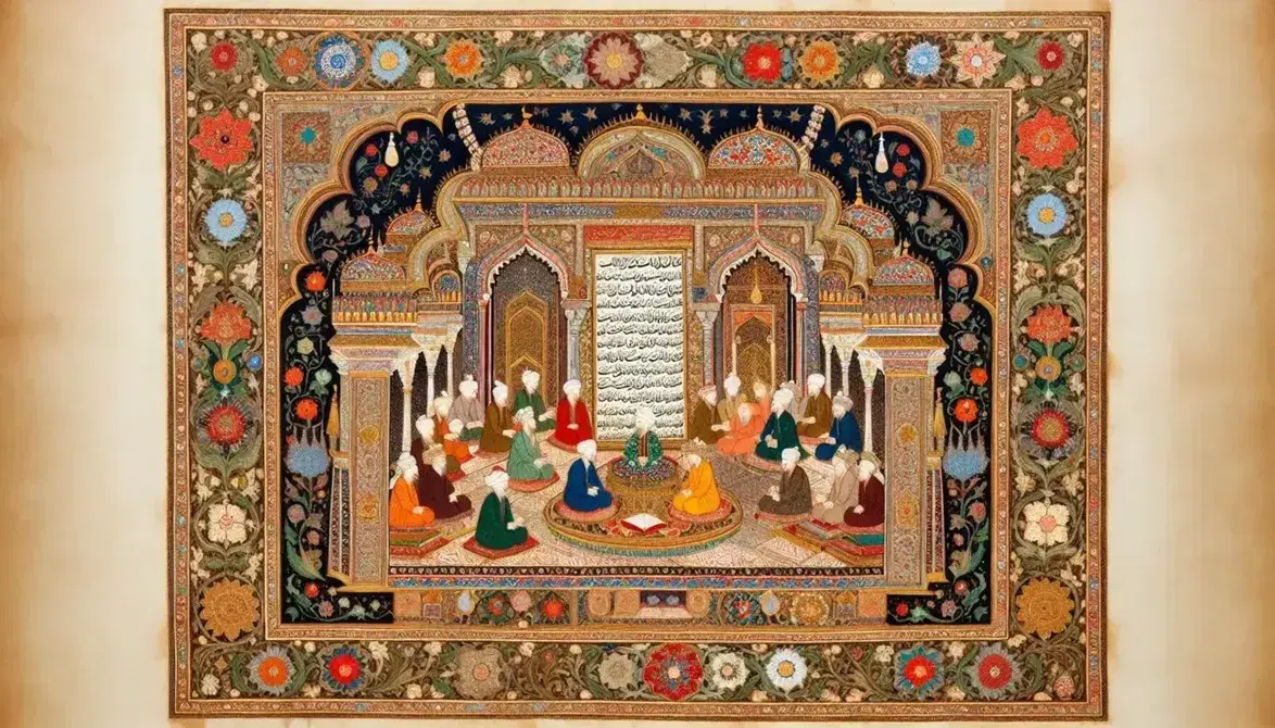 Mughal-era manuscript page with ornate floral borders, a miniature courtly scene painting, and elegant Persian-style calligraphy on aged paper.