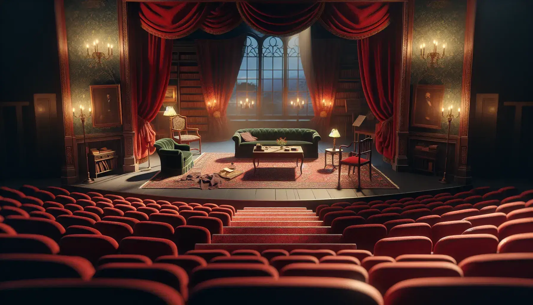 Escenario teatral vacío con asientos de terciopelo rojo, iluminación cálida, cortinas rojas y decorado de sala de estar antigua con sofá de terciopelo y candelabro sobre mesa de café.