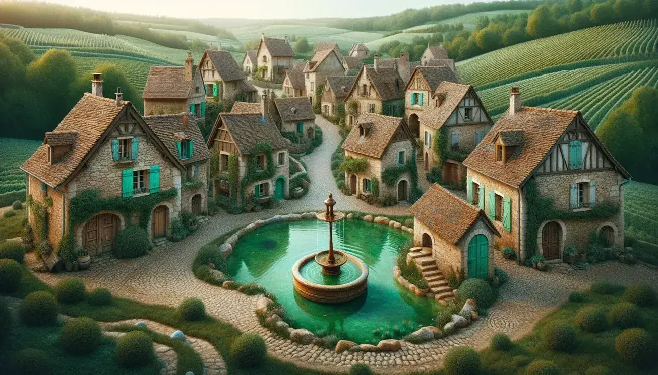 Tranquil French village with stone houses, terracotta roofs, and a central fountain, surrounded by lush fields and vineyards under a clear blue sky.