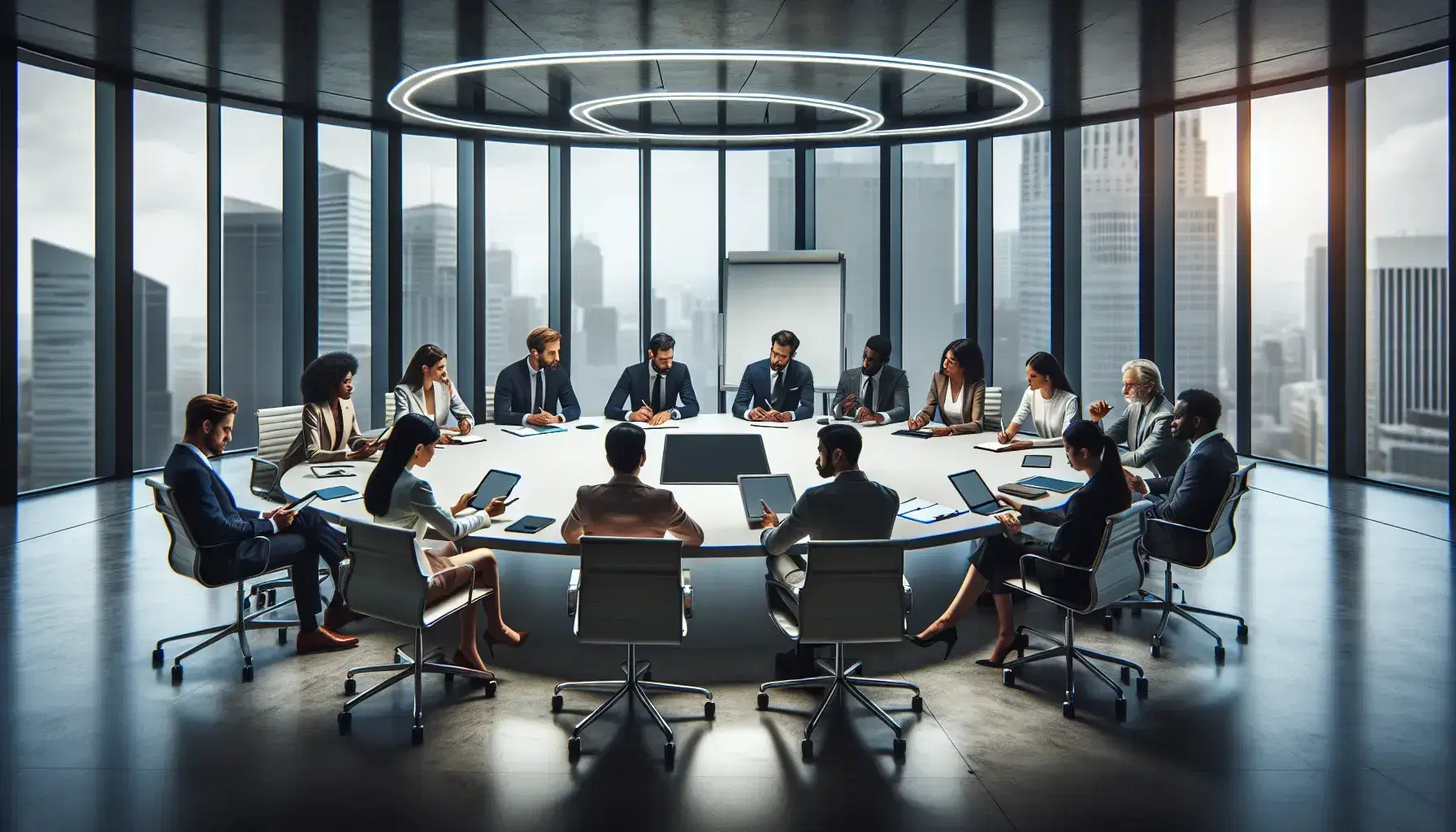 Diverse professionals in a modern conference room engage in discussion, with laptops and tablets on the table, against a city skyline backdrop.