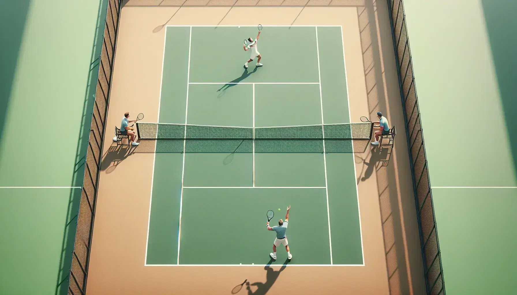 Cancha de tenis con jugadores en acción, uno sirviendo y otro esperando el saque, vestidos con ropa deportiva, en un día soleado sin espectadores.