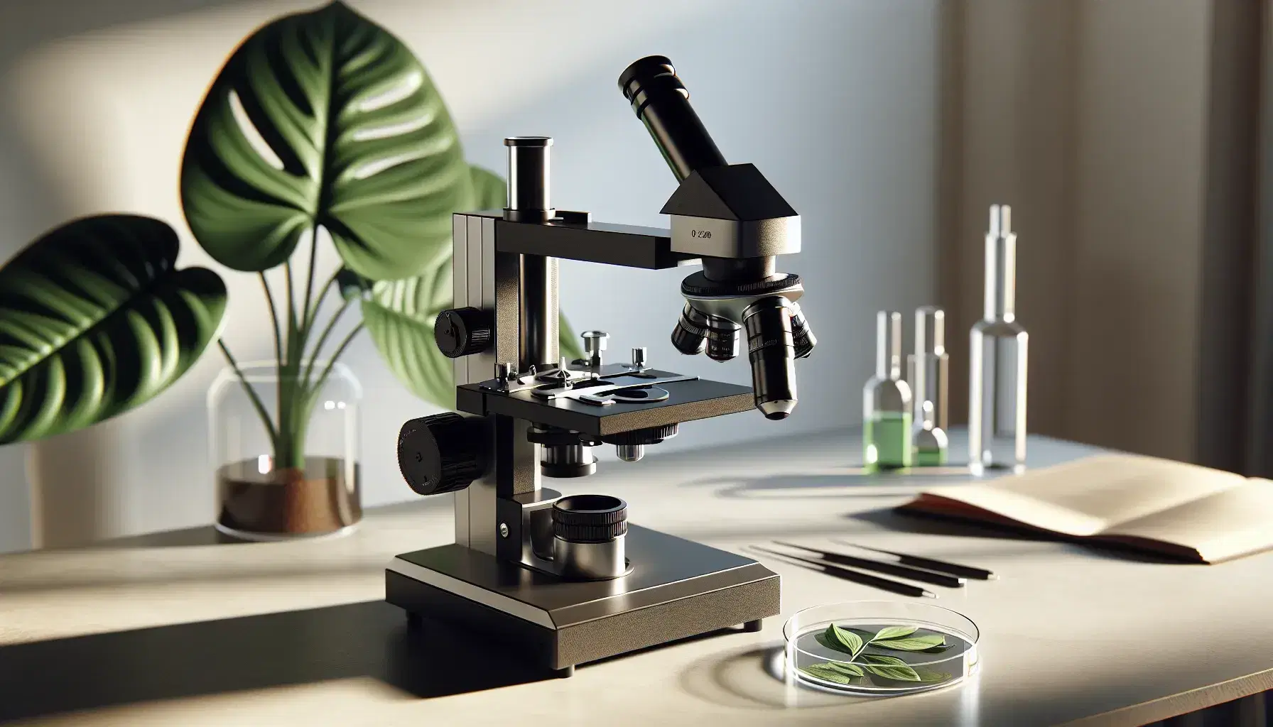 Microscopio óptico de diseño moderno en laboratorio con muestra de tejido vegetal en placa de Petri y planta desenfocada al fondo.