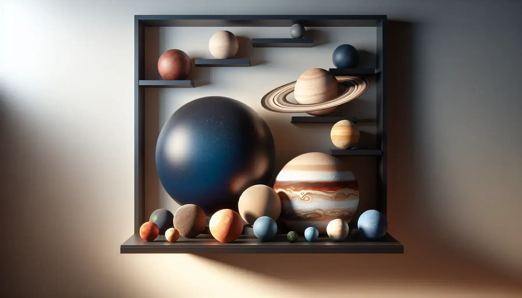 Estante de madera oscuro con modelos planetarios, incluyendo esferas que representan la Tierra, la Luna, Marte, Venus, Júpiter, Neptuno y Saturno.